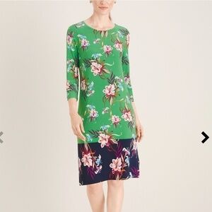 Chicos Petite Shift Dress 3/4 Sleeve Round Neck Tunic Style Green Navy Floral 0P